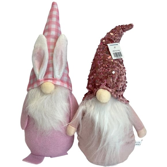 Holiday Easter Gnomes Plush Set 2 Rabbit Bunny Ears Sequin Hat Pink Pastel NWT - Picture 8 of 8
